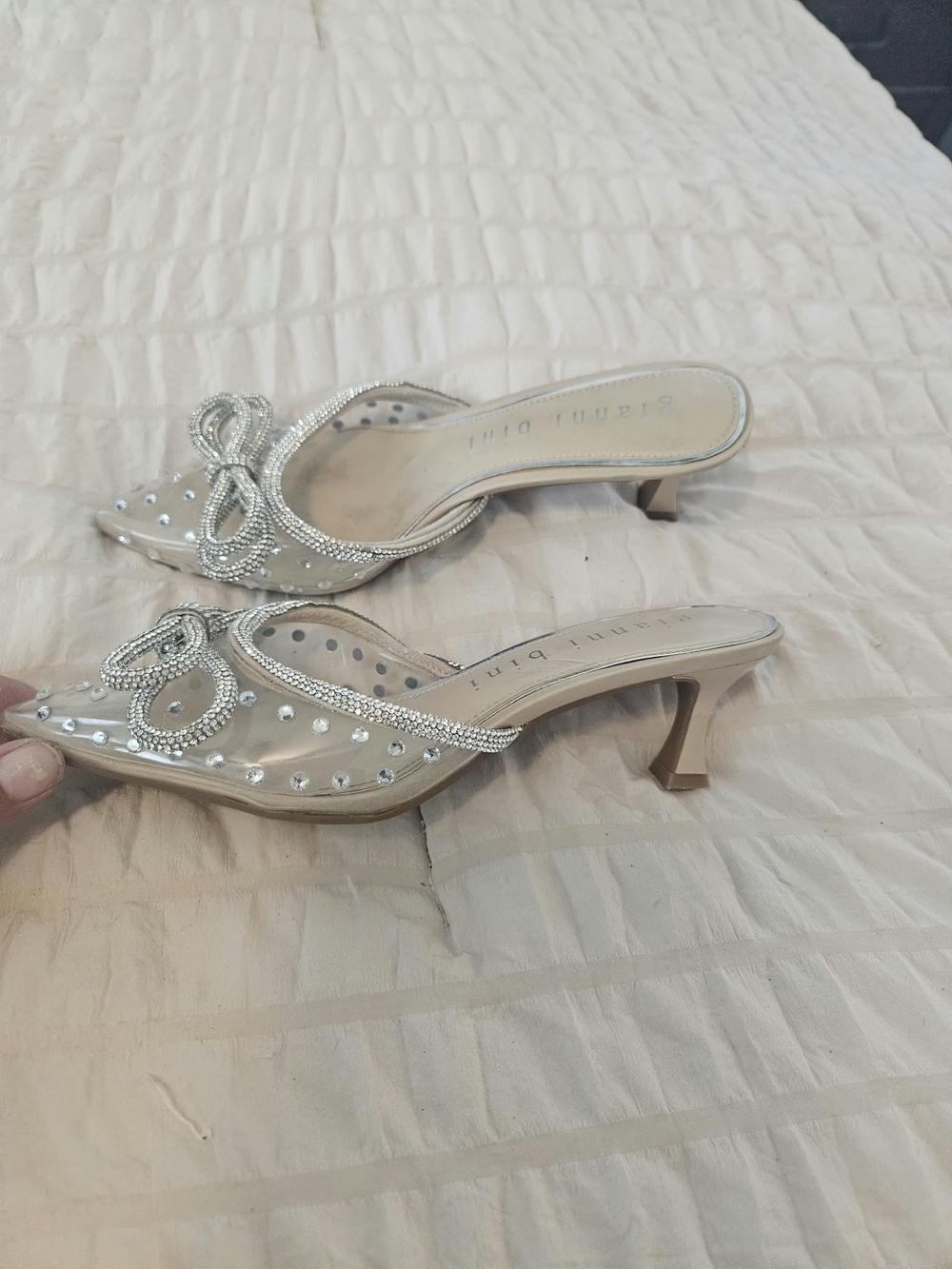 Gianni Bini Silver Embellished Clear Mesh Kitten Heel Mules